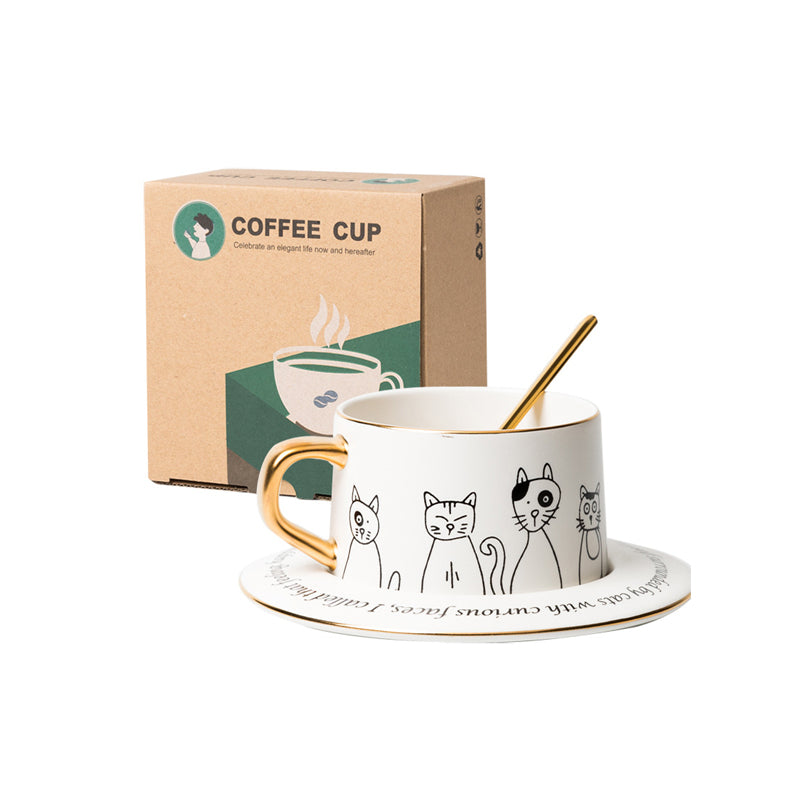 Simple black and white cat coffee cup and saucer set