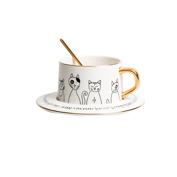 Simple black and white cat coffee cup and saucer set