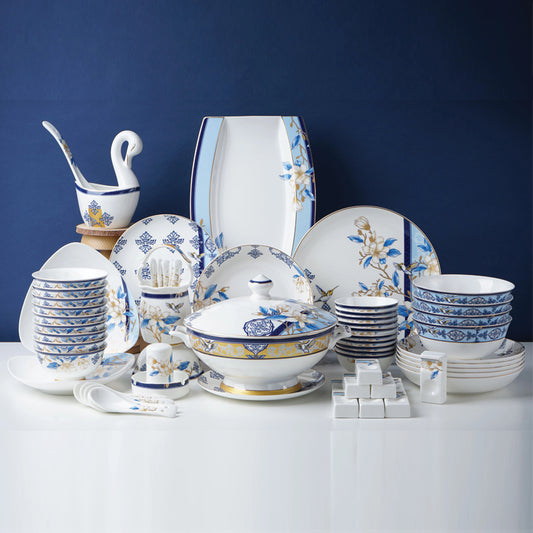 Blue and white bone china tableware set 62 pieces